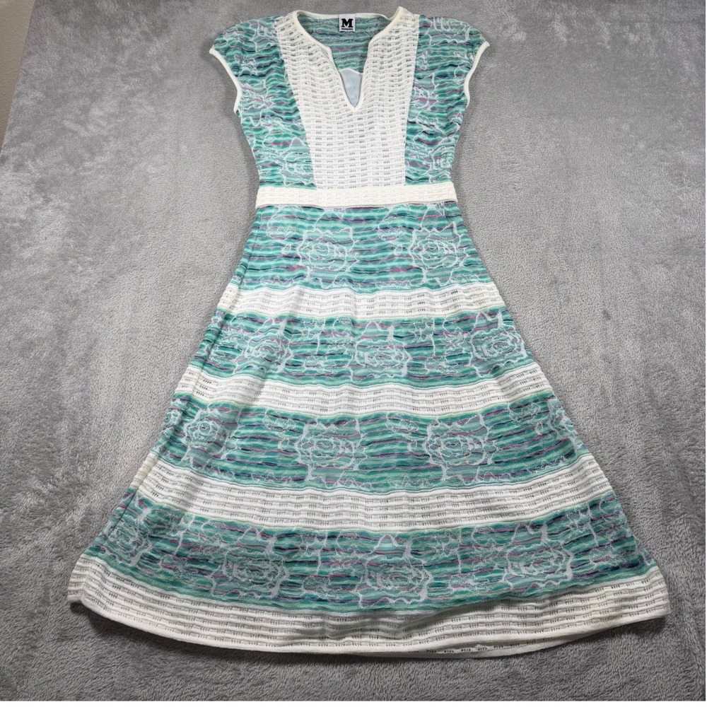 M Missoni Dress Womens 40 Teal White Striped Floral Knit Cap Sleeve V-Neck